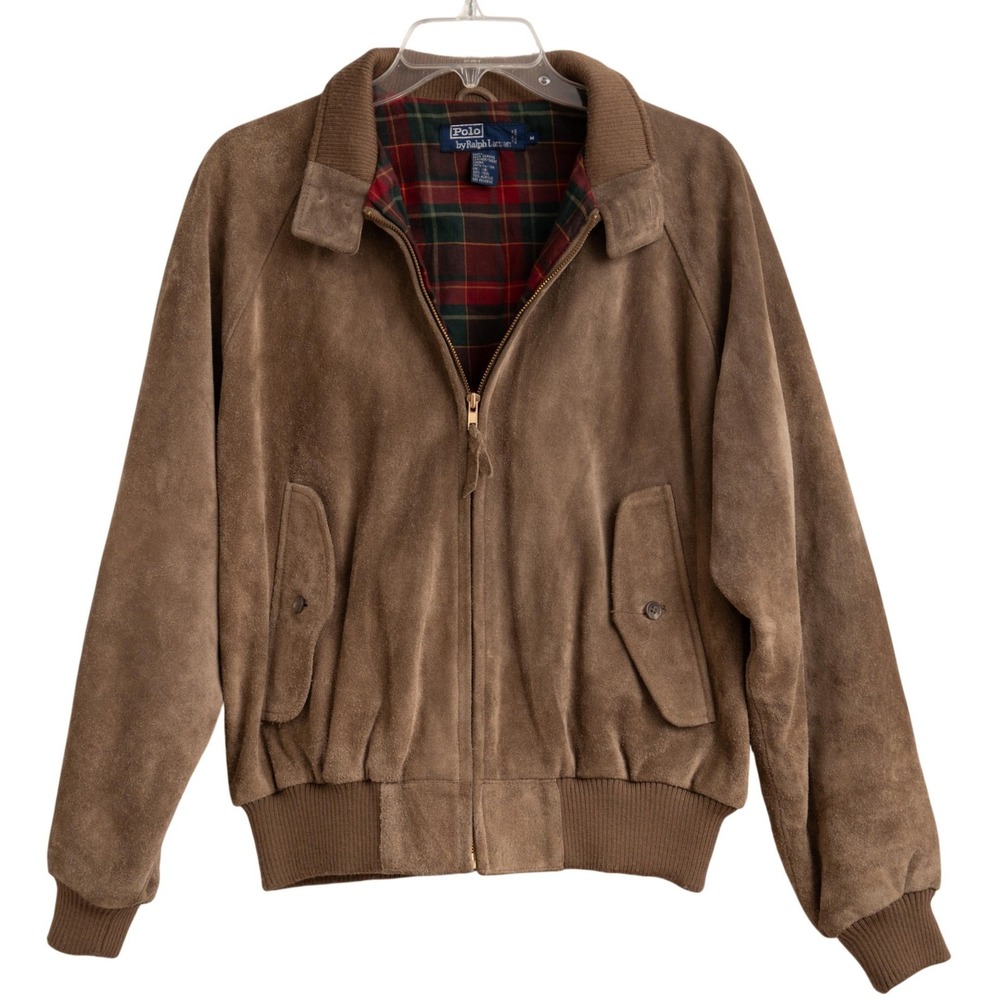 Polo Ralph Lauren VTG Brown Suede Leather Bomber Jacket Sz M Plaid GorpCore Coat
